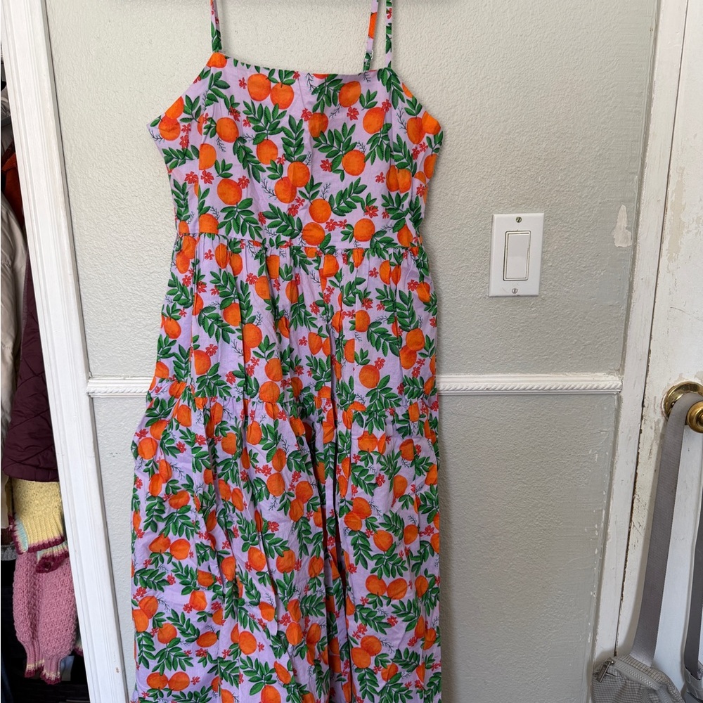J. Crew Pink Maxi Dress with Orange & Green Fruit Print